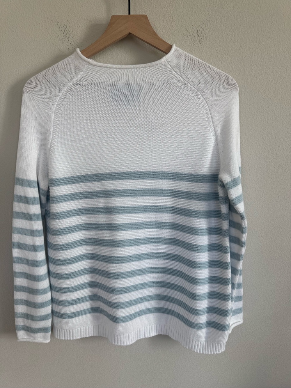 Alice Walk The Cotton Mock Neck Striped Sweater Ice Blue White Coastal Chic XS